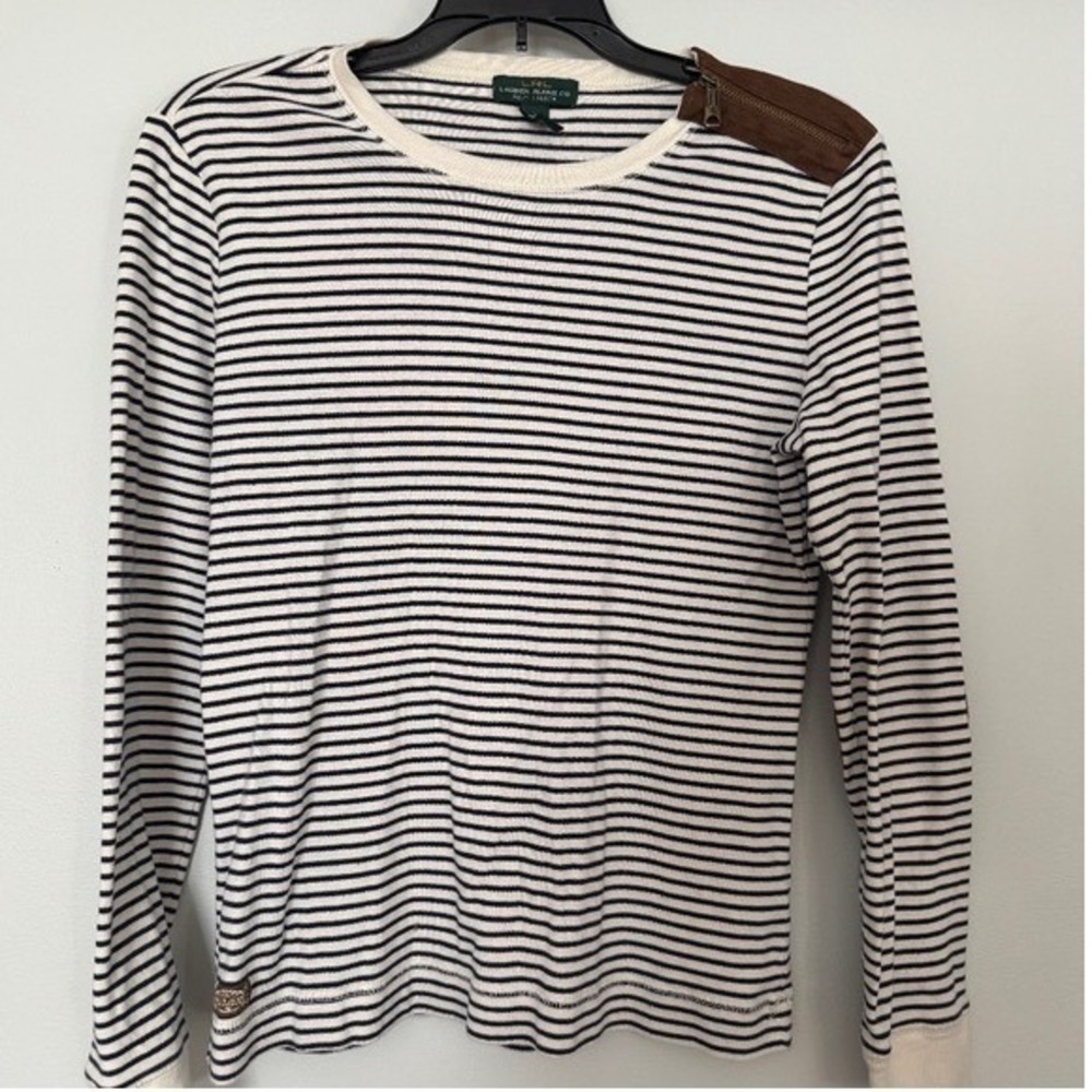 LRL Lauren Jeans Women's Navy Striped Elbow Patch Top Preppy Nautical Size L
